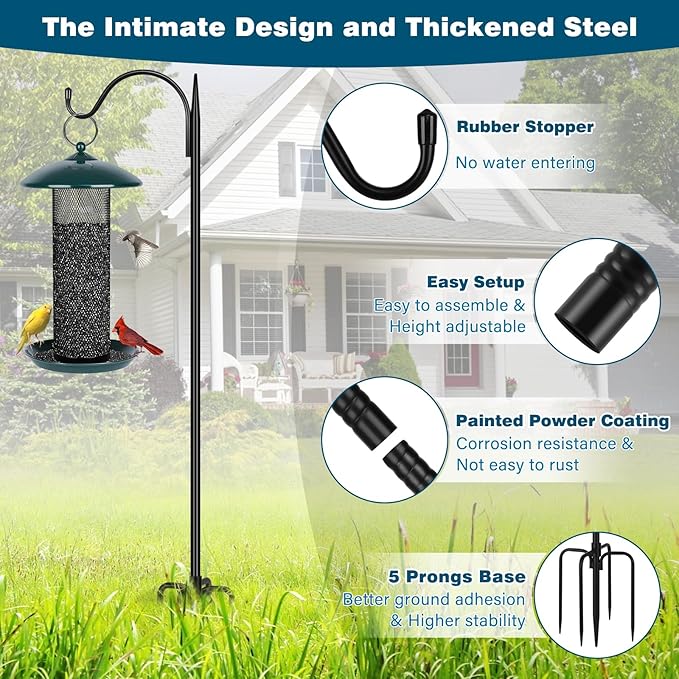 Gtongoko 47 inch Small Shepherds Hooks for Outdoor with 5 Prongs, Adjustable Bird Feeder Pole Garden Hooks for Hanging Lanterns, Plants Baskets, Hummingbird Feeders, 2 Pack