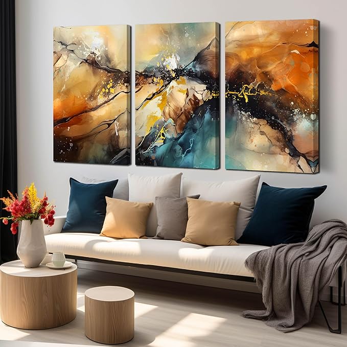 Abstract Living Room Pictures Wall Decor - Modern Bedroom Wall Decor Above Bed - Large 3 Piece Canvas Wall Art for Office Size 24" x 36"