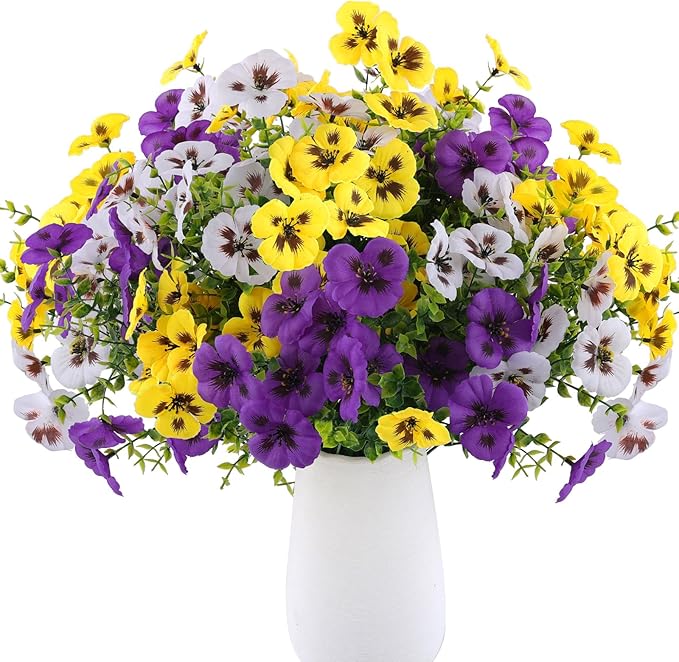 Artificial Fake Pansy Flowers for Outdoor, 36 Bundles Faux Silk Pansies Spring Flowers for Outside for Planter Front Door Porch Yard Patio Window Box Home Decor (36, Purple, Yellow, White)