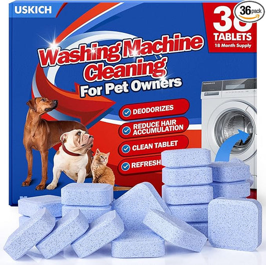 36Pack Washing Machine Cleaner Tablets-18 Month Supply,Washer Machine Cleaner Formulated For Pet Owners,Easy Pet Hair Remover for Laundry,Compatible with HE, Top & Front Load Washer.Septic Safe