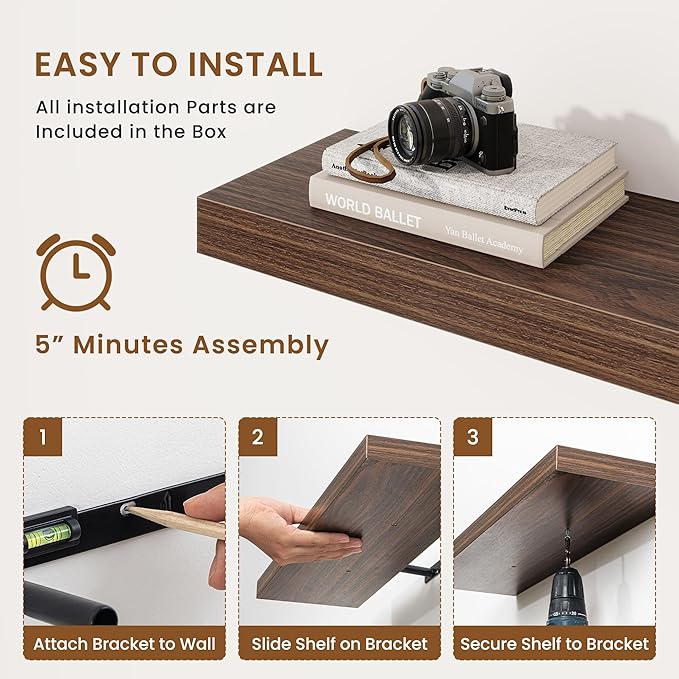 fuqing Floating Shelves for Wall, Bathroom Shelf Wall Mounted for Storage, Shelves with Invisible Bracket for Bedroom, Kitchen, Living Room, Farmhouse Small Book Shelf, 24 Inch Set of 2, Walnut