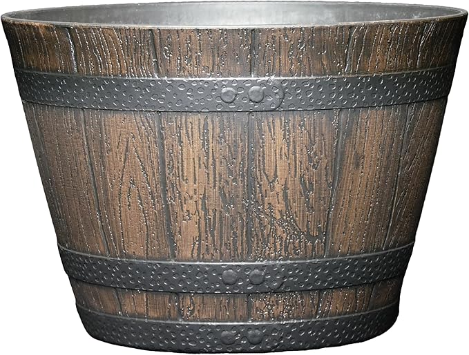 Classic Home & Garden Whiskey Barrel Planters - Wood Finish Flower Planter Pot - Decorative Garden Pots - Indoor & Outdoor Resin Planters - Weather-Resistant Planting Pots (9" Walnut Brown, Pack of 1)