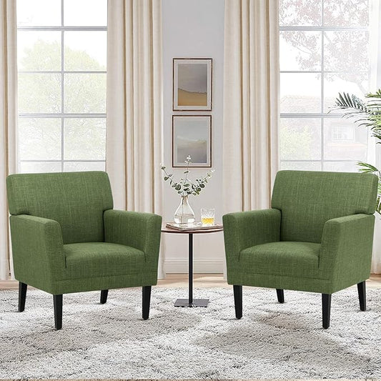 COLAMY Accent Chair Set of 2 for Living Room, Modern Upholstered Fabric Accent Armchair with Back, Soft Single Sofa Chair with Arms for Bedroom/Office/Reception Room, Green