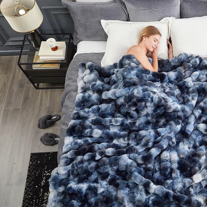 Cozy Bliss Faux Fur Throw Blanket for Couch, Fuzzy Soft Plush Thick Bubble Blanket for Sofa Bedroom Living Room, 108 * 90 Inches Tie Dye Blue
