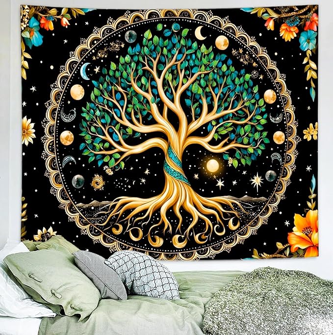 Delur Tree of Life Tapestry Moon Phase Nature Flower Plant Tapestry Wall Hanging Boho Mandala Spiritual Sun Aesthetic Psychedelic Headboard for Bedroom Living Room Home Decor (59.1" x 78.7")