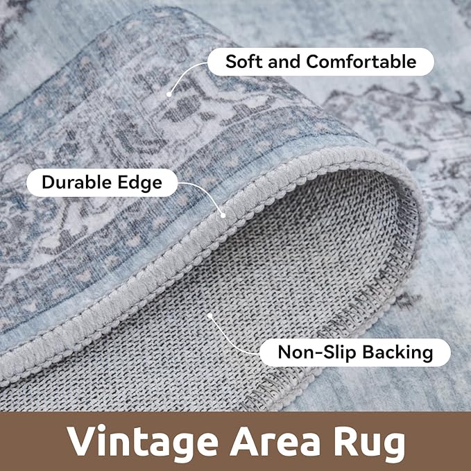 AMOAMI-Vintage Area Rug 4x6 Blue Rugs for Living Room-Soft Living Room Rug Non Slip Rugs for Bedroom Carpet Machine Washable Rug for Dining Room Bedside Office Room Decor