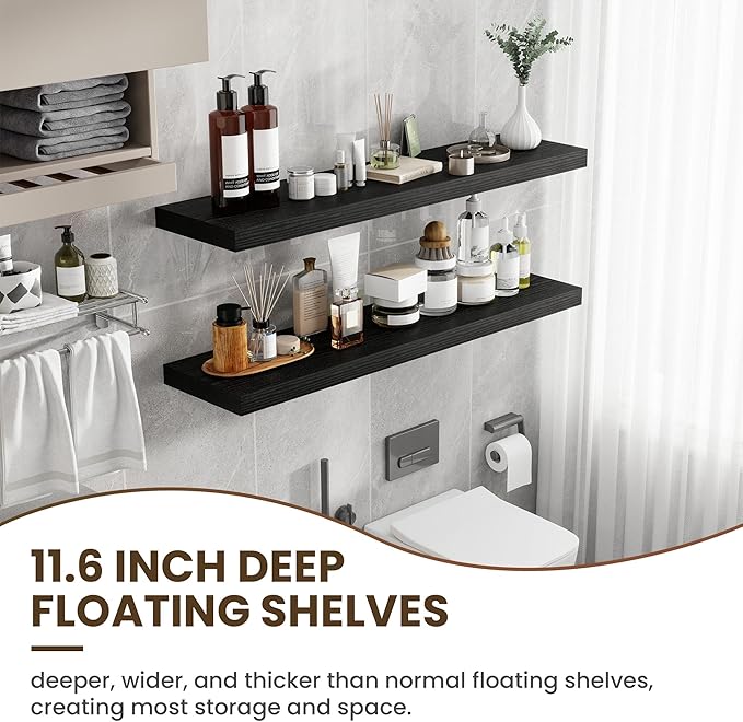 48 Inch Floating Shelves, 12 Inch Deep Floating Shelves for Wall, Floating Shelf with Invisible Brackets, Deep Shelves for Bathroom, Bedroom, Living Room, 1 Pack, Black