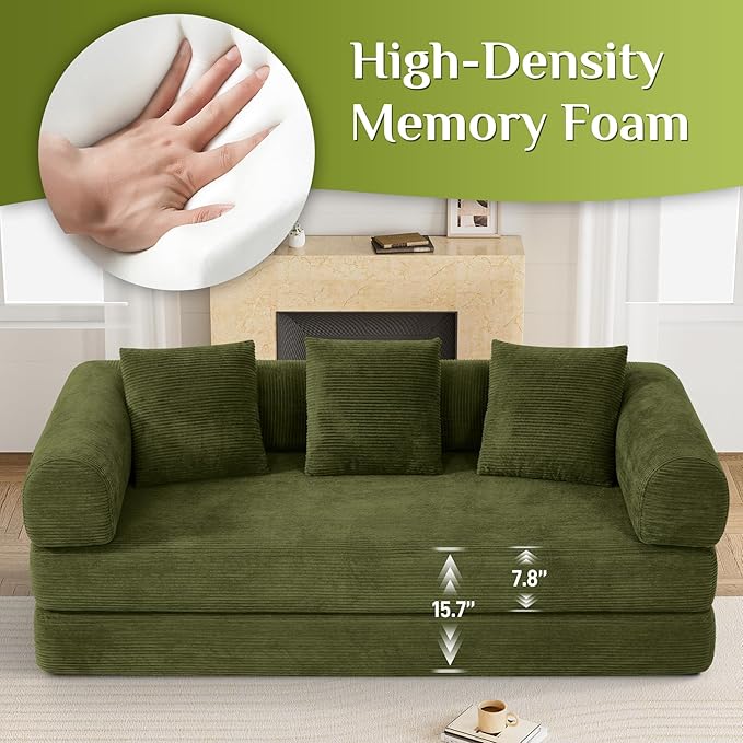 80.3" Convertible Sleeper Sofa Bed with Cylindrical Pillow, Corduroy Folding Mattress Couch with Fixed-Shape Frame, Modular Floor Sofa Lounge Couch for Living Room Bedroom Lounge, Green