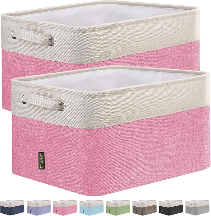 BALEINE 2 Pack Fabric Storage Bins for Shelves, Linen Storage Baskets for Organizing, Decorative Closet Bins for Clothes, Home (Pink, 15''x11''x9.5'')