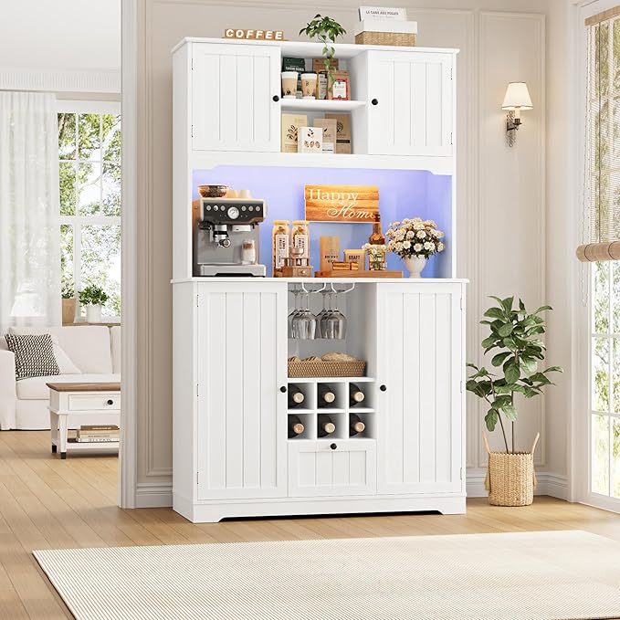 FINETONES 71" Pantry Cabinet with 7-Color LED Light and Charging Station, Kitchen Pantry Cabinet with Microwave Stand, Kitchen Hutch Food Storage Cabinet with Outlet and Wine Racks, White