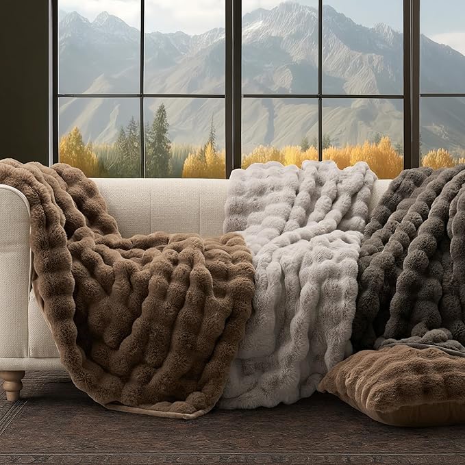 EVERGRACE Ultra Soft Luxury Fluffy Faux Rabbit Fur Throw Blanket, Thick Warm Fuzzy Blankets for Bed, Cozy Plush Reversible Blanket for Couch, Chair, Sofa, Dark Taupe, 50x60 Inches, 870 GSM