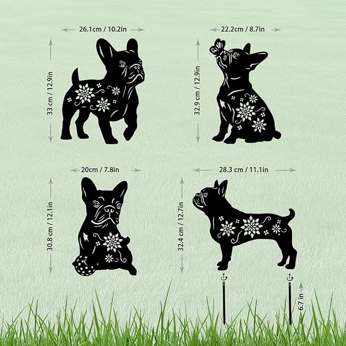 4 Pack Bulldog Metal Garden Decorative Stakes, Weather Proof Puppy Silhouette Statues for Yard, Patio,Outdoor Decor for Bulldog Lovers and Pet Owners