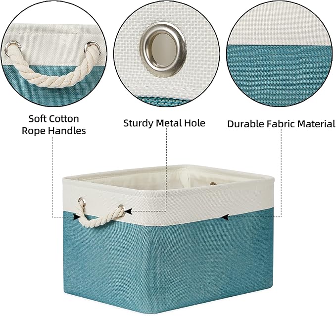Bidtakay Basket Storage Bins with Handles Fabric Large Storage Baskets for Organizing Set of 3 Collapsible Rectangular Basket for Shelves Closet Organizer 15 X 11 X 9.5 Inches(White&Teal Blue)