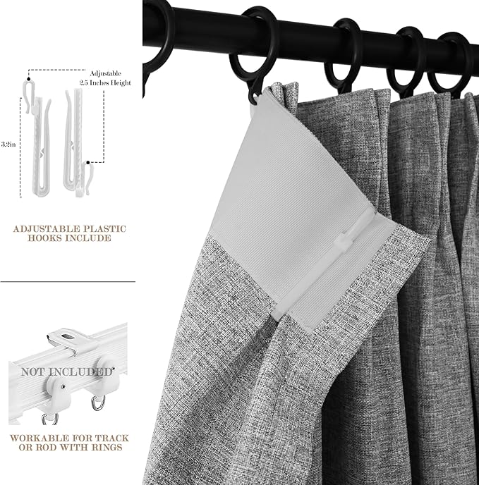 Extra Wide 100% Blackout Linen Textured Curtains - Room Dividers, W200 x L84 (1 Panel), Pinch Pleat Drapes for Living Room, Full Light Block Out Drapery for Sliding Door, Light Grey