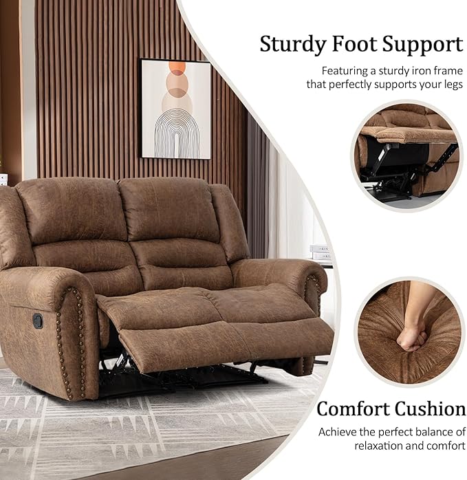 CANMOV Faux Leather Manual Loveseat Recliner, 2 Seat Reclining Chair, Overstuffed Comfortable Arms and Back Recliner Chair, Couch Set for Living Room, Bedroom Furniture, Office,Nut Brown