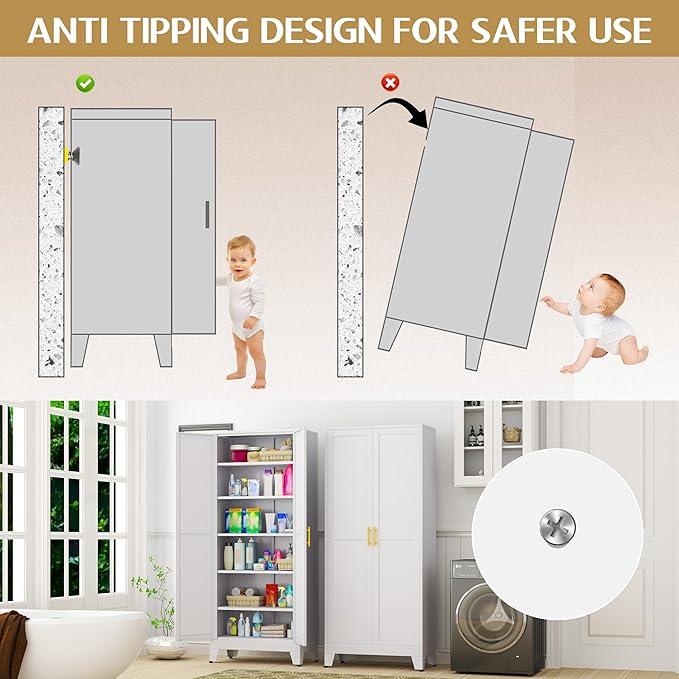 75.2" Tall Pantry Cabinet, Kitchen Pantry Storage Cabinets with 2 Door and 5 Adjustable Shelves, White Metal Pantry Storage Cabinet, Cupboard for Kitchen, Dining Room, Living Room and Bathroom