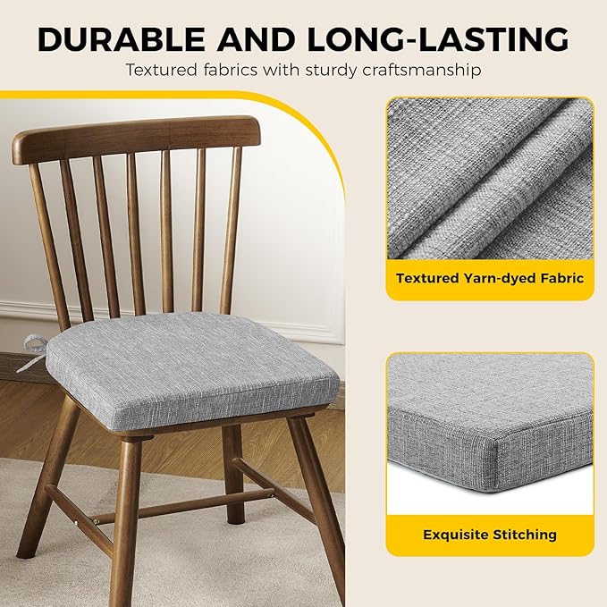 downluxe Indoor Chair Cushions for Dining Chairs, Soft and Comfortable Textured Foam Kitchen Chair Pads with Ties and Non-Slip Backing, 16" x 16" x 2", Light Grey, 6 Pack