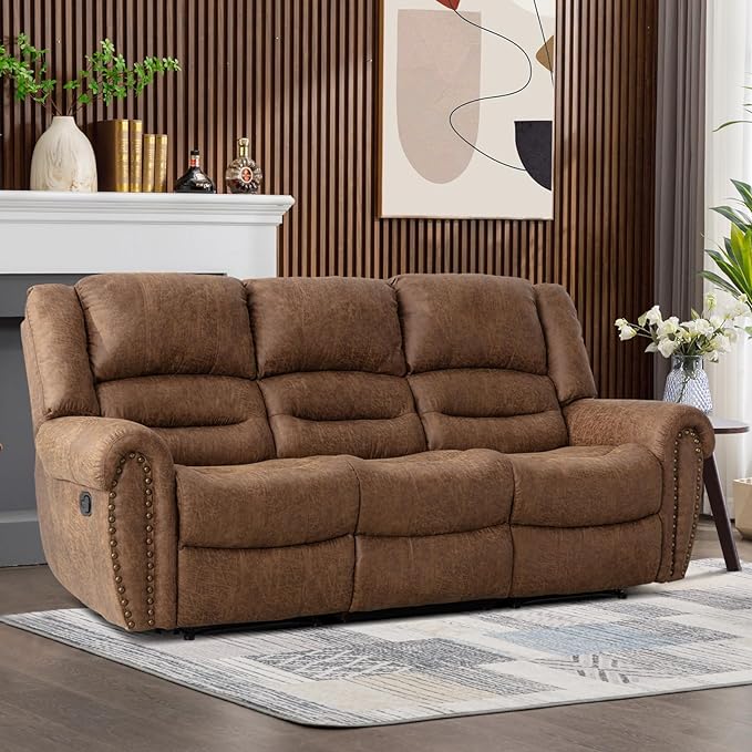 CANMOV Faux Leather Manual Reclining Sofa,3 Seat Recliner Couch Sofa with Overstuffed Comfortable Arms and Back for Living Room,Office,Nut Brown