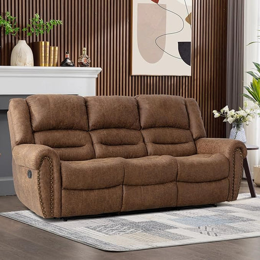 CANMOV Faux Leather Manual Reclining Sofa,3 Seat Recliner Couch Sofa with Overstuffed Comfortable Arms and Back for Living Room,Office,Nut Brown
