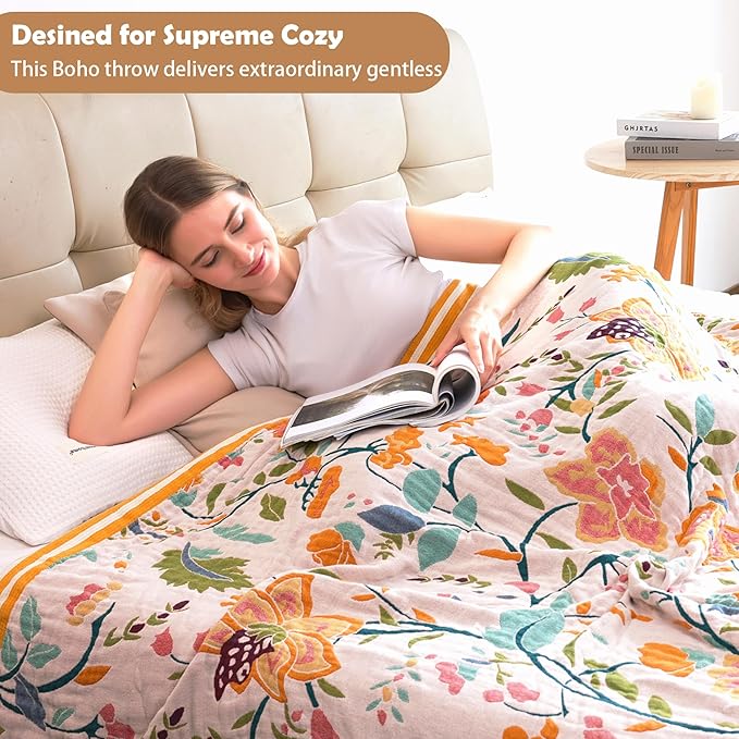 Boho Throw Blanket, 100% Organic Cotton Breathable Ultra Soft 80" x 90" Bed Quilt Throw - All Season Floral Rustic Farmhouse Decor Luxury Reversible Blanket for Sofa Couch Chair and Gift