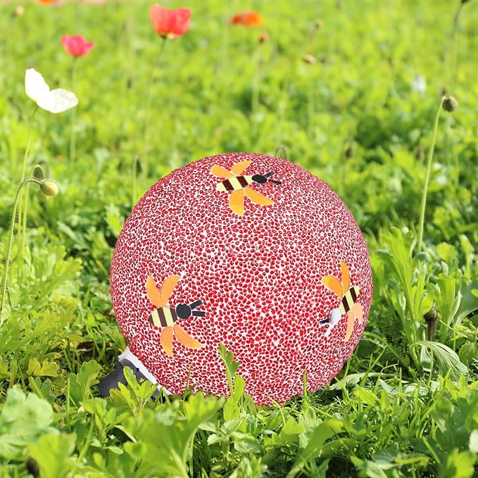 Gazing Ball 8 Inch Bee Glass Mosaic Garden Globe Outdoor Gazing Globe Yard Ornament for Garden Yard Home Lawn Outdoor Decoration Gift for Women (Not Solar Powered)