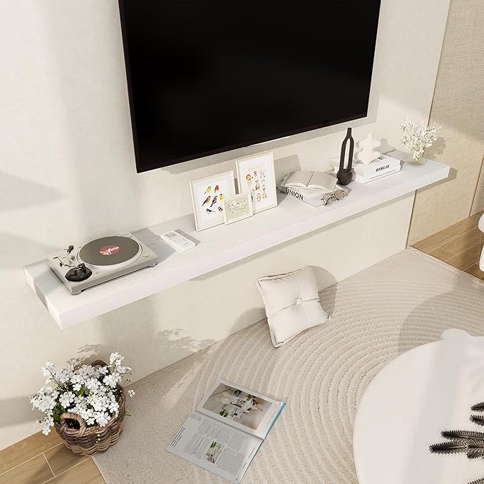 Fun Memories 72 Inch Floating Shelf, 12 Inch Deep Wall Shelf for Fireplace Mantel, Deep Storage Shelves for Home & Office, Wall Shelves with Invisible Bracket, White, Set of 1