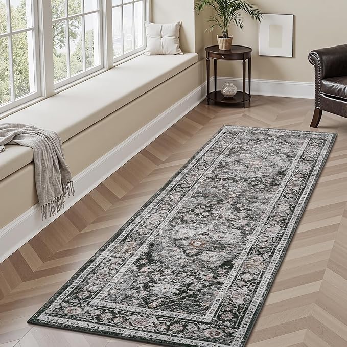 AMOAMI-2X6 Runner Rug-Washable Runners for Hallways-Soft Non Slip Bedside Rugs for Bedroom-Vintage Long Rug for Hallways Entryway Laundry Room Stair Kitchen Bathroom Dark Grey & Black