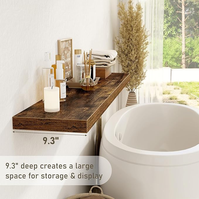 Floating Shelves Wall Shelf 48 Inch, 9.3 Inch Deep Floating Shelf, Farmhouse Black Wood Shelves Invisible Bracket for Living Room, Bedroom, Kitchen, 48 x 9.3 x 1.4 Inch, Set of 2, Rustic Brown