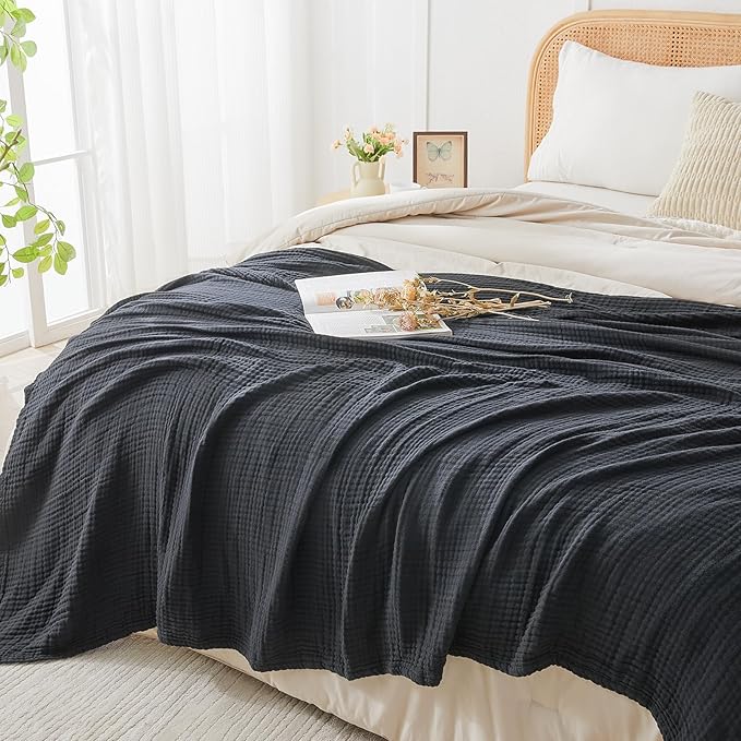 EMME Cotton Muslin Large Throw Blanket Couch Breathable Gauze Blanket Soft Lightweight Bed Blankets Adults (Black, 50"x70")