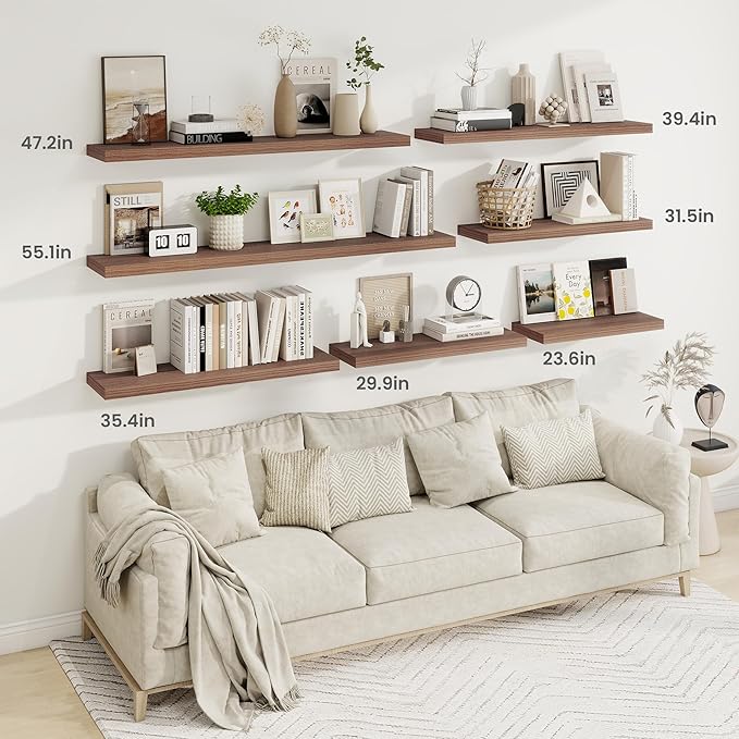 Fun Memories 55 Inch Fireplace Mantel Shelf -Long Floating Shelves, Deep Wall Mounted Farmhouse Display Shelves with Invisible Heavy Duty Metal Bracket, Walnut, 2 Pack