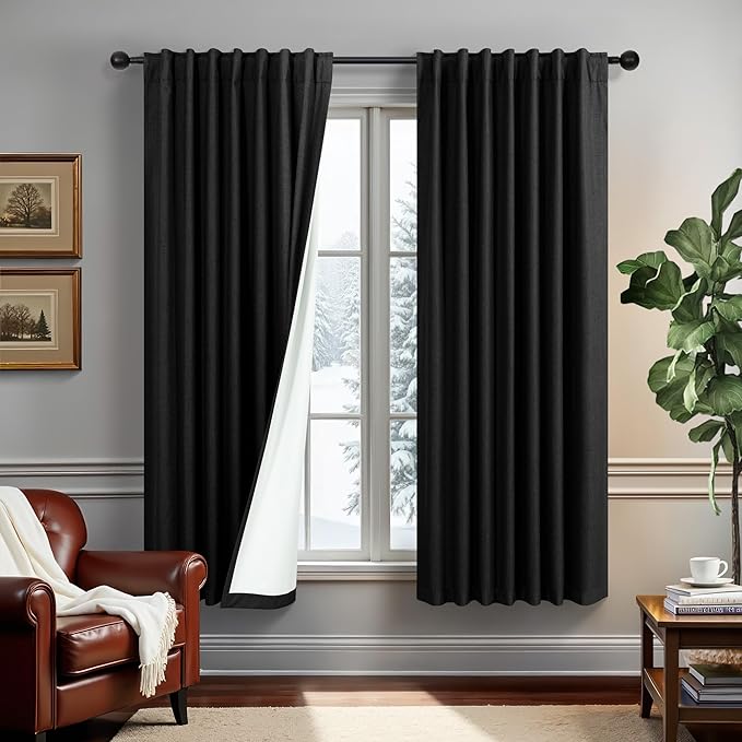DANCURTON Black Blackout Curtains 63 Inch Length for Bedroom 2 Panels Set Back Tab Living Room Darkening Dark Out Heavy Thick Linen Farmhouse Insulated Thermal Curtain for Winter Summer 63 Inches Long