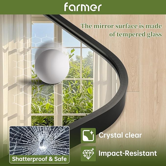 FARMER 26x38 Inch Black Bathroom Mirror, Rectangle Vanity Mirror, Brushed Mirrors for Wall, Metal Frame Hanging Mirror with Round Corner for Bedrooms, Entryways, Living Rooms, Horizontal/Vertical