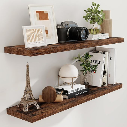 48 Inch Floating Shelves Set of 2, Rustic 48 x 9 Floating Shelf for Wall, 9 Inch Deep Bookshelf Invisible Bracket, Wall-Mounted Deep Shelving for Bedroom, Kicten, Living Room, Rustic Brown Color