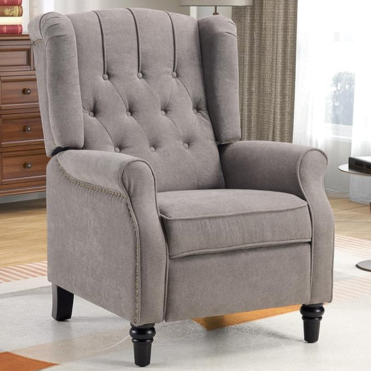 CANMOV Push Back Recliner Chair, Accent Chair,Mid Century Wingback Recliner, Fabric Push Back Recliner Chair Single Armchair Sofa with Rivet Decoration,Button-Tufted Back for Living Room, Grey