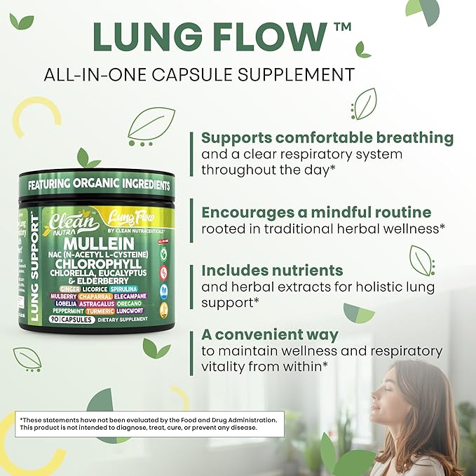 Clean Nutra Mullein NAC Supplement Spirulina Chlorella Ginger Licorice Mulberry Astragalus Root Oregano Turmeric with Chlorophyll Berries Detox Cleanse Respiratory Lung Health 90 Capsules