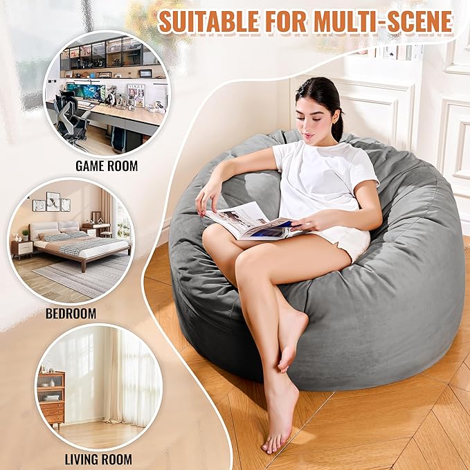 4FT Bean Bag Chair: Bean Bag with Velvet Cover, Fluffy and Comfy Bean Bag Chairs for Adults and Kids, Bean Bag Sofa Filled with High-Density Sponge for Gaming (Grey)