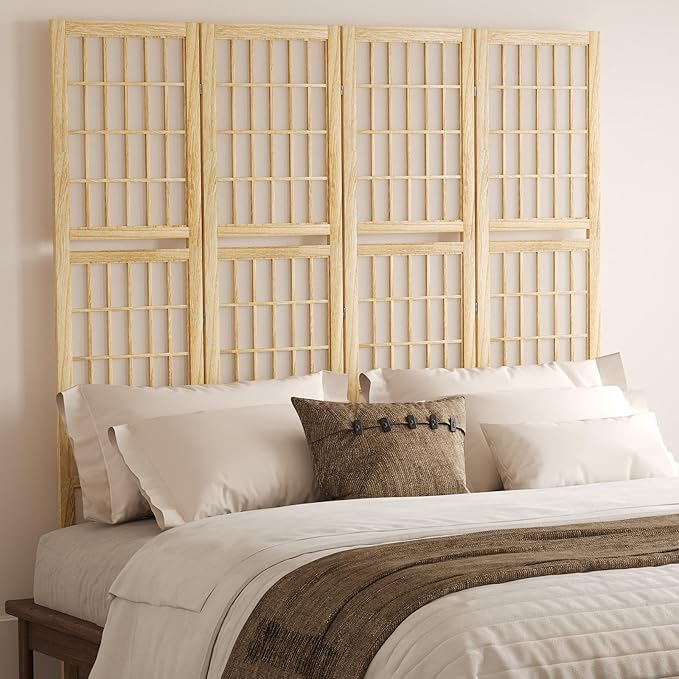 5.6FT Room Divider and Folding Portable Partition Screen, Chinese Japanese Shoji Style with Three Display Shelves for Room Separation - 4 Panel (Natural)