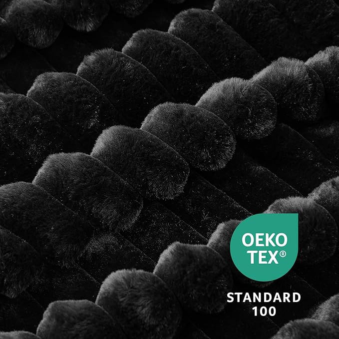 Amélie Home Faux Fur Throw Blanket for Couch, Cozy Fuzzy Fluffy Fur Luxurious Soft Striped Plush Gift Blankets for Family Sofa Chair Bed Living Room Bedroom, 55"x70", Black