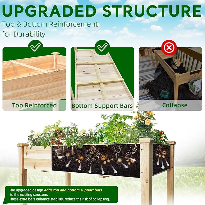 BSP Raised Garden Bed with Legs Outdoor Elevated Planter Box Flower Bed Wood Planter for Vegetable Herb Upgraded Solid Structure Growing Box Suitable for Backyard Patio and Balcony, 48”L X 24”W