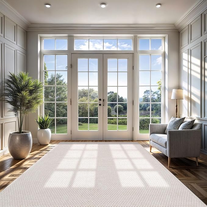 CAMILSON Easy Jute Rug 9x12, Indoor Outdoor Off-White Farmhouse Area Rugs for Living Room Patio and Kitchen Rug, Solid Woven Design, Easy-Cleaning, Washable Outside Carpet Alfombras (9 x 12)