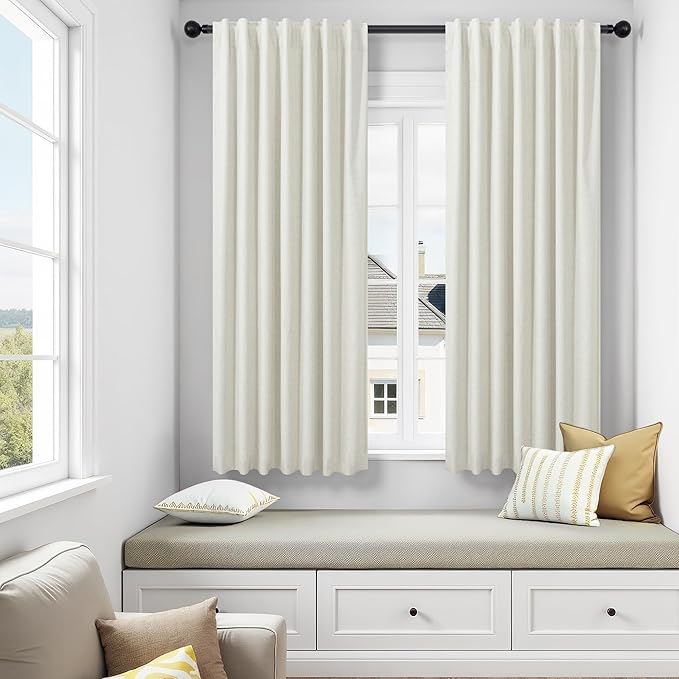 DANCURTON Short Length Blackout Curtains for Nursery Bedroom 63 Inches Long Pretty Room Darkening Thermal Curtains for Summer Heat Back Tab Rod Pocket Cotton Textured Thick Linen Drapes Traverse Cream