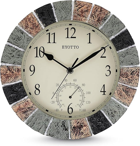 eYotto 10 Inch Small Indoor/Outdoor Waterproof Wall Clock with Thermometer Silent Non-Ticking Battery Operated Wall Clocks Weatherproof for Patio, Pool, Garden, Lanai, Fence, Porch, Deck, Bathroom