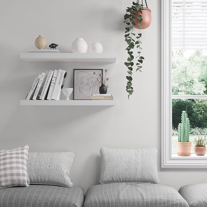 Floating Shelf, Set of 2 Wall Shelf, 36 in W x 12.75 in D x 2 in H Wooden Floating Wall Shelf with Invisible Brackets for Living Room/Bedroom/Bathroom/Kitchen Storage and Decor, White