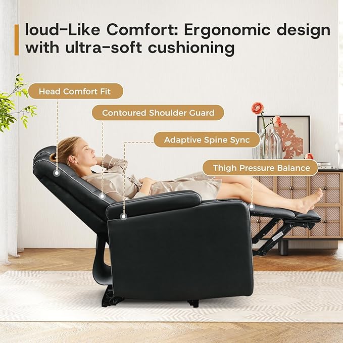 ANJ Power Recliner Chair with USB Port, Electric PU Leather Home Theater Seating for Living Room, Movie Reclining Chairs with Blue Ambient Lighting, Hidden Arm Storage, Cup Holders (Black)