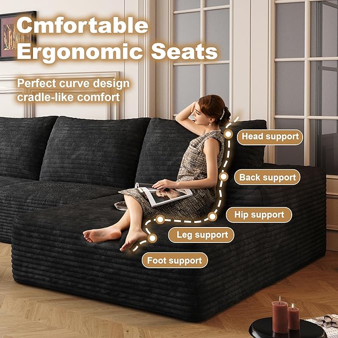 136" Sectional Couches for Living Room Modern Modular Sofa with L-Shape Couchs Upholstered Boneless Couch Deep Seat Sectional Couch with Chaise (Black, Right Facing Chaise+3Seaters+Ottoman)