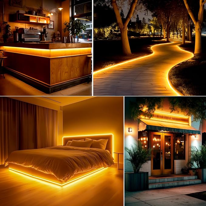 GZBtech Flexible LED Neon Rope Lights 16.4FT,AC 110-120V Waterproof Strip Light, 120LEDs/M Cuttable Connectable Neon Lighting for Indoor Outdoor Home Decor/Commercial Building Use-Amber 5M