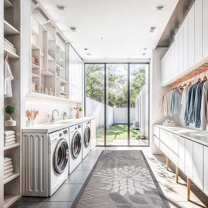 Beverly Rug Outdoor Runner Rug 2x7 Modern Floral Tropical Area Rugs for Indoor and Outdoor Patio Easy to Clean Non Shedding Living Room Porch Garden Washable Outside Carpet (2 x 7 Gray)