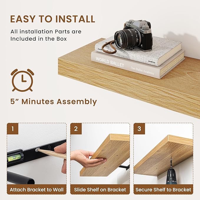 fuqing Floating Shelves for Wall, Bathroom Shelf Wall Mounted for Storage, Shelves with Invisible Bracket for Bedroom, Kitchen, Living Room, Farmhouse Small Book Shelf, 24 Inch Set of 2, Oak