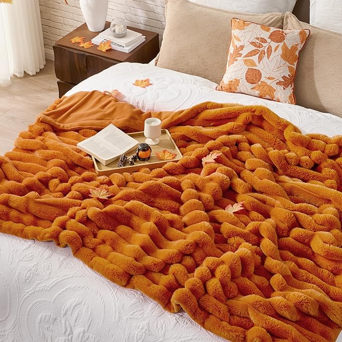 Cozy Bliss Fall Harvest Faux Fur Throw Blanket for Couch, Cozy Warm Plush Striped Blanket for for Decorating Couch Sofa Bedroom Living Room,50 * 60 Inches Burnt Orange