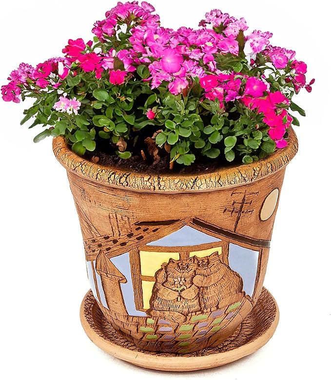 Ceramic Pot with Drainage Hole and Saucer, Plant Pots, Modern Decorative Planters for House Plants Indoor Flowers Plants, Cute Flower Pot - Gifts (Cats (3 L))